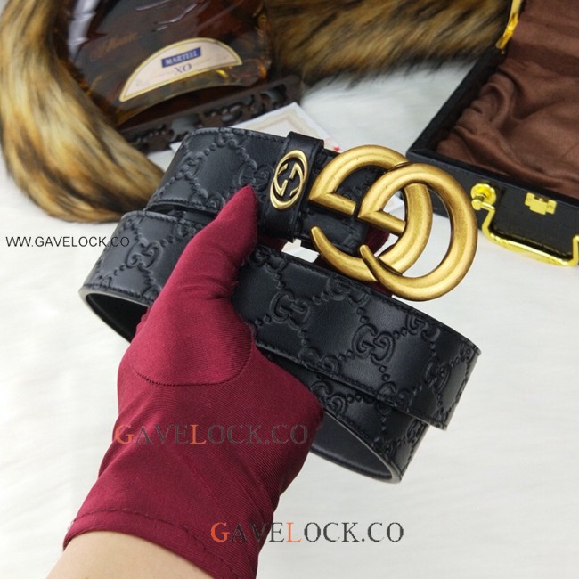 Gucci Black Leather Belt with Double G Gold Buckle